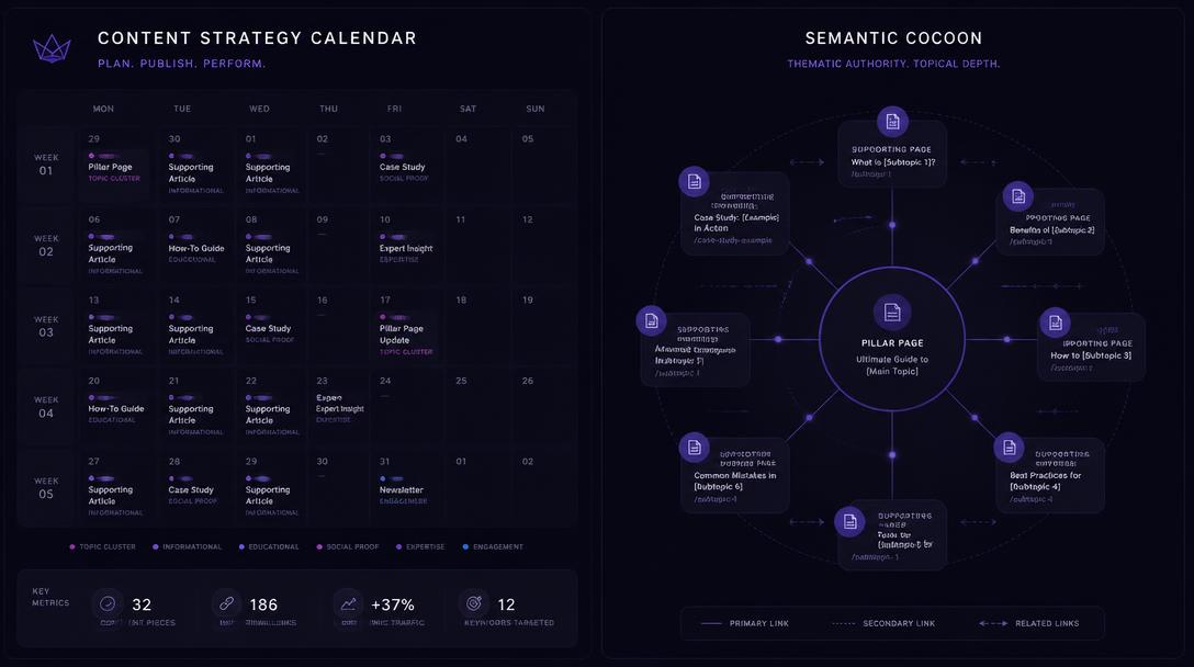 cocon sémantique, maillage interne SEO, calendrier éditorial, stratégie de contenu, page pilier, silo thématique, autorité topique, planification articles blog, SEO éditorial, clusters de mots-clés, agence contenu SEO, Speedizycom, rédaction web optimisée, longue traîne blog, netlinking interne, architecture site SEO, référencement naturel PME, publication régulière, mesure trafic organique, plan de mots-clés