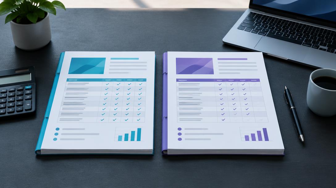 Deux propositions de création de site web comparées avec tableaux, calculatrice et ordinateur pour vérifier les prestations et frais récurrents.