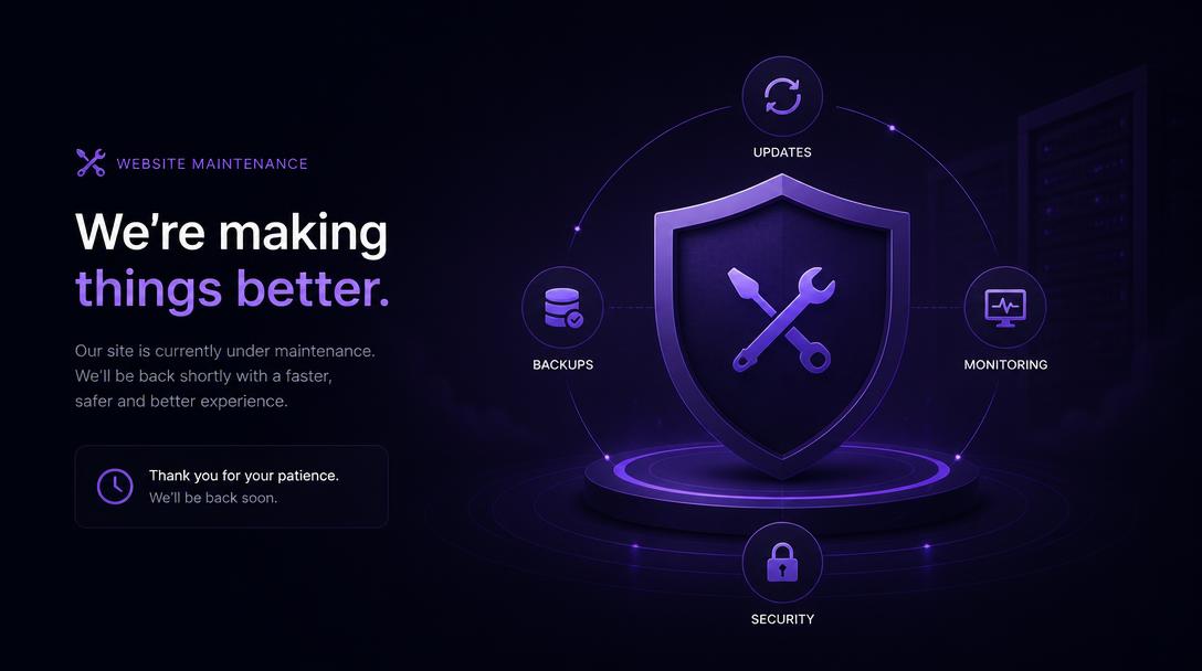maintenance site internet, contrat maintenance web, mises à jour site, sauvegarde site internet, sécurité site web, monitoring disponibilité, protection contre piratage, hébergement géré, agence maintenance Carcassonne, Speedizycom, correctifs sécurité, restauration site, certificat SSL, performance continue, support technique web, TMA site vitrine, veille technique, plan de reprise, RGPD conformité, infogérance site professionnel
