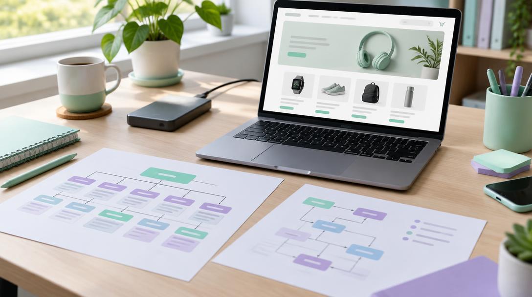 Ordinateur avec boutique en ligne et schémas de pages préparant une migration de CMS avec sauvegarde et correspondance des adresses.