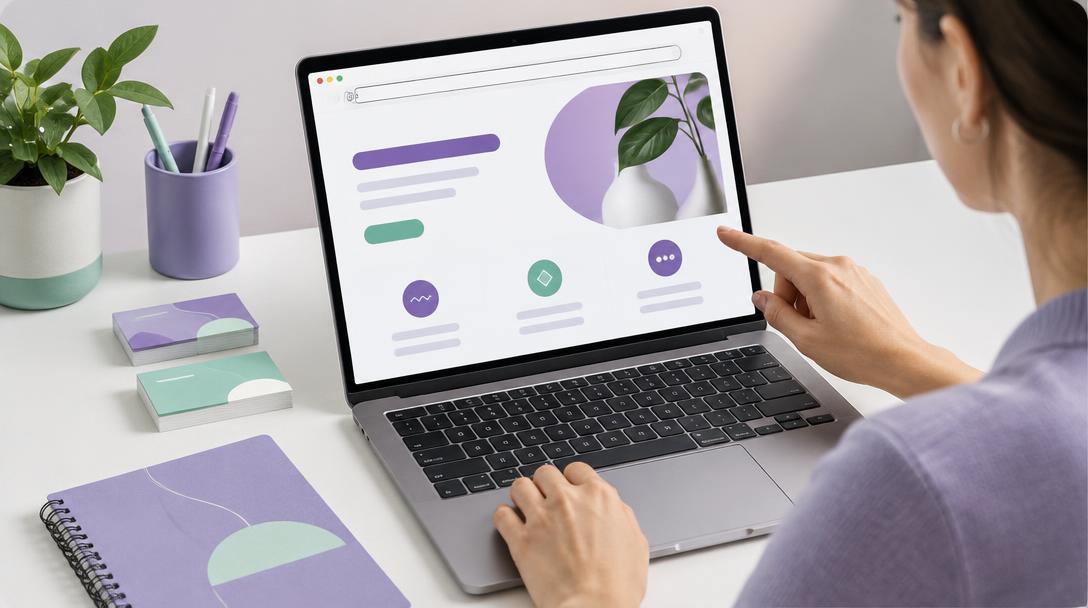 Entrepreneuse examinant une adresse de site professionnel sur ordinateur avec cartes de visite pour choisir un nom de domaine cohérent avec sa marque.