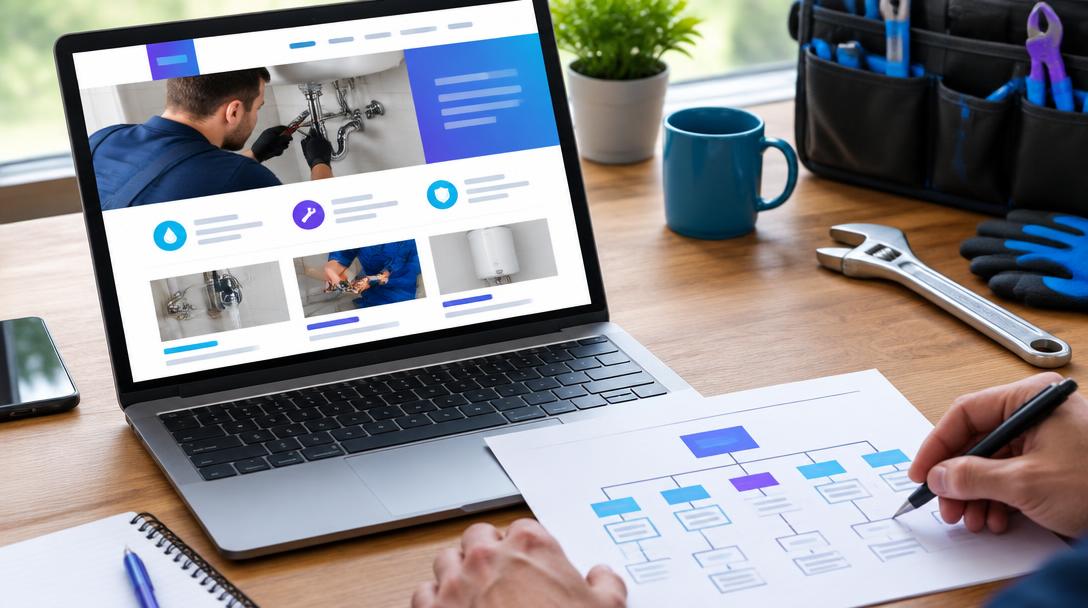 Site de prestations de plomberie affiché sur ordinateur avec photographie métier et arborescence pour préparer des pages de services d'entreprise locale.
