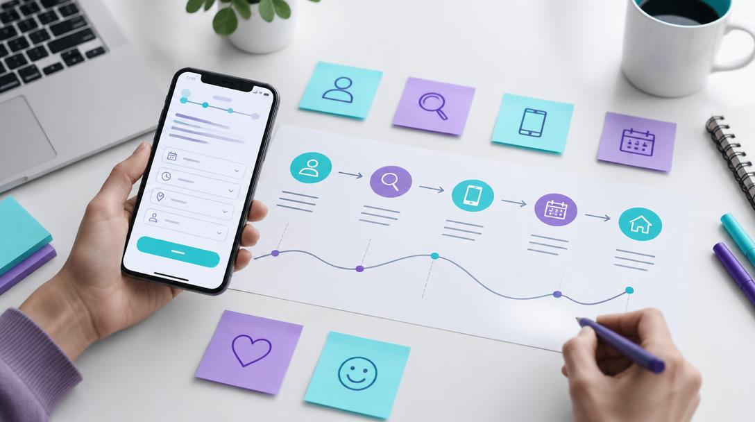 Formulaire de demande sur téléphone et parcours client dessiné pour relier la lecture d'une page de service à une prise de contact.