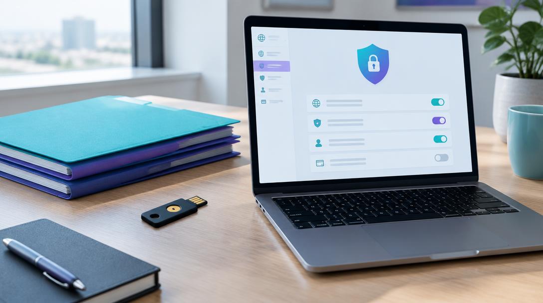 Clé de sécurité et ordinateur présentant la gestion d'un domaine pour protéger les accès, suivre le renouvellement et conserver la maîtrise du site.