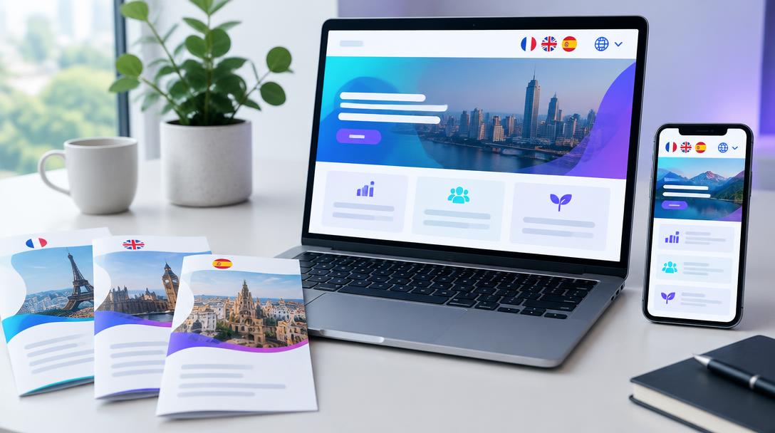Site professionnel présenté sur ordinateur et téléphone avec choix de langues et brochures adaptées à des visiteurs français, anglais et espagnols.