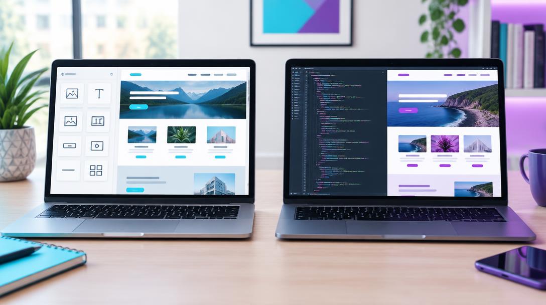 Deux ordinateurs présentant un éditeur visuel et un environnement de développement pour comparer les approches WordPress et Wix d'un site professionnel.